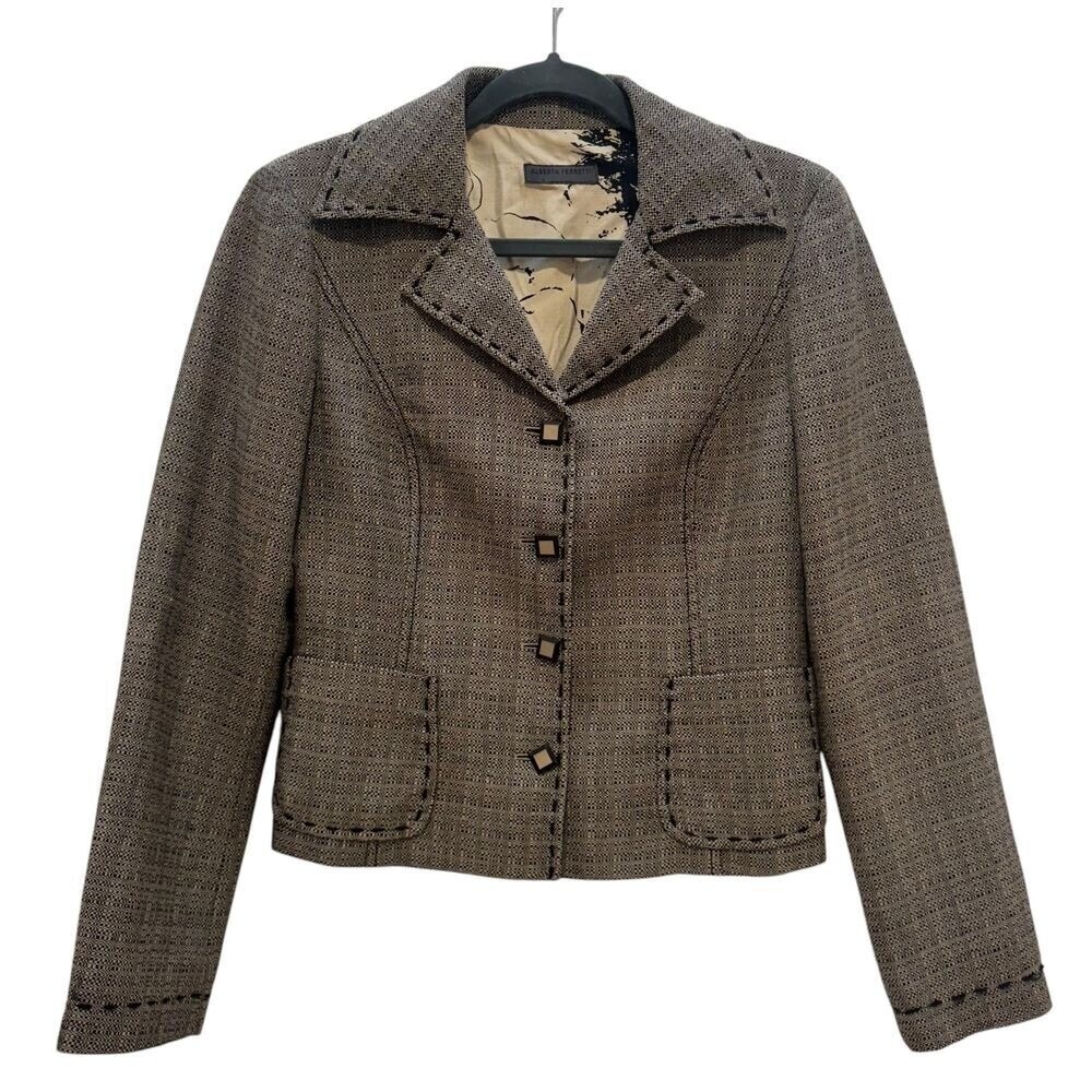 Alberta Ferretti Women's Tweed Blazer Jacket Cropped Button Gray Beige SZ 8‎